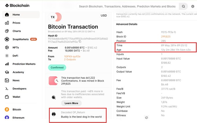 Blockchain.com showing the May 9, 2014 transaction in block 299,825 with the decoded OP_RETURN reading Buddy is the best dog in the world
