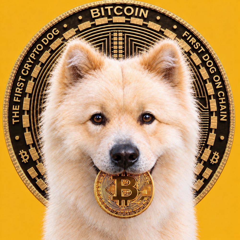Buddy holding a gold bitcoin in his mouth